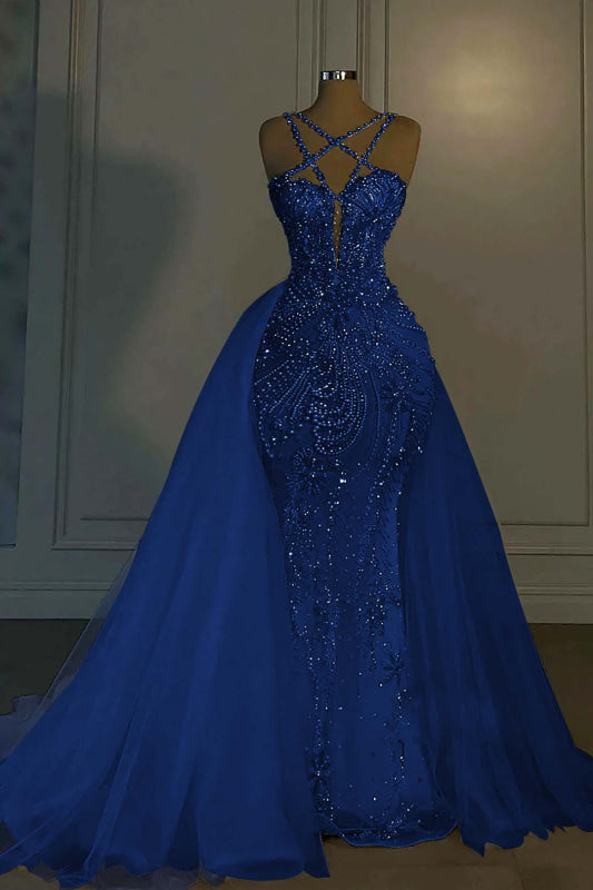 Luxurious Mermaid Wedding Dress Glitter with Sweep Train Spaghetti Straps Bridal Gown