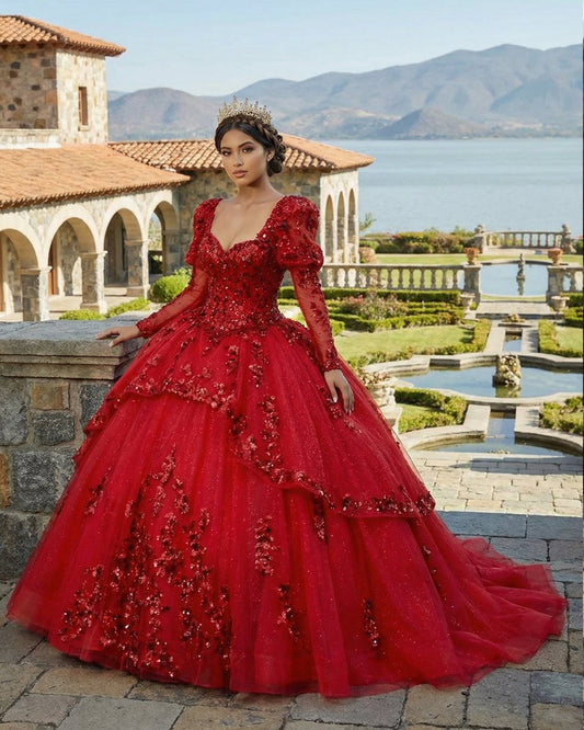 Red Ball Gown Off-the-Shoulder Lace-Up Back Quinceanera Dresses
