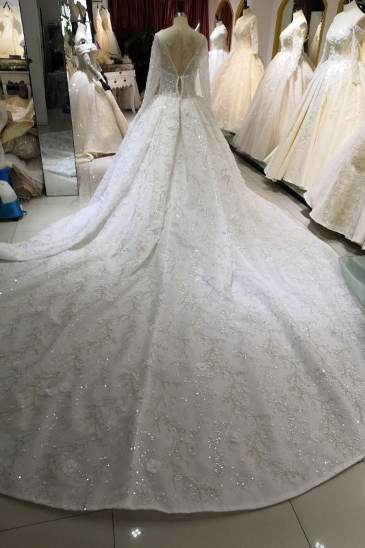 Luxury Beaded Long Sleeve Lace Ball Gown Wedding Dress