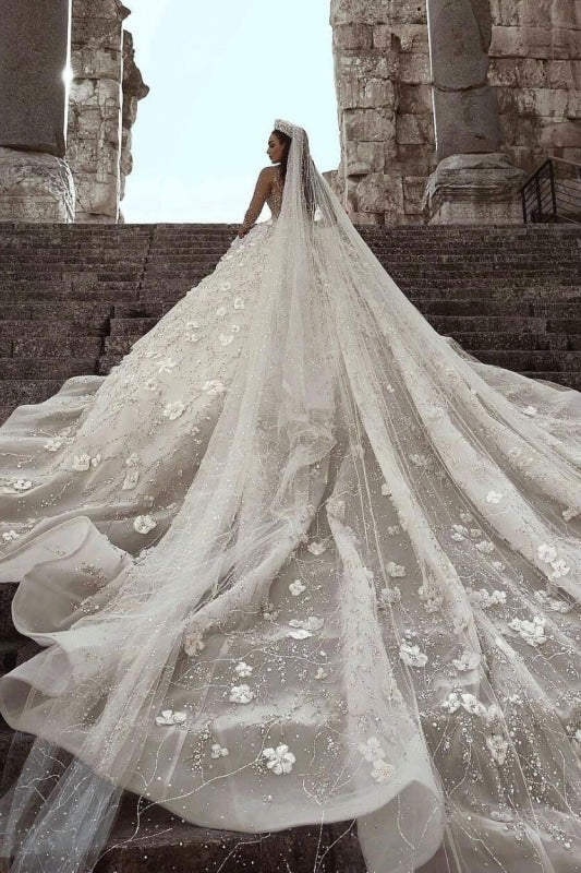 Luxury Beaded Long Sleeve Lace Ball Gown Wedding Dress