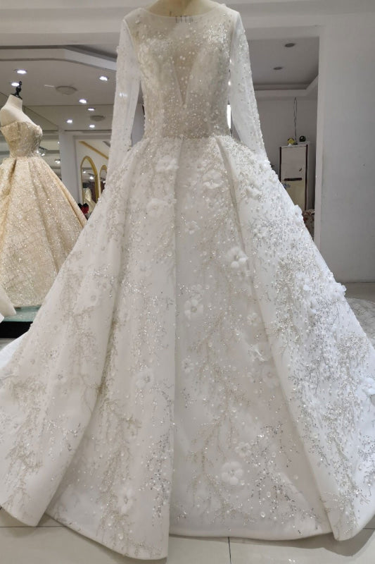 Luxury Beaded Long Sleeve Lace Ball Gown Wedding Dress