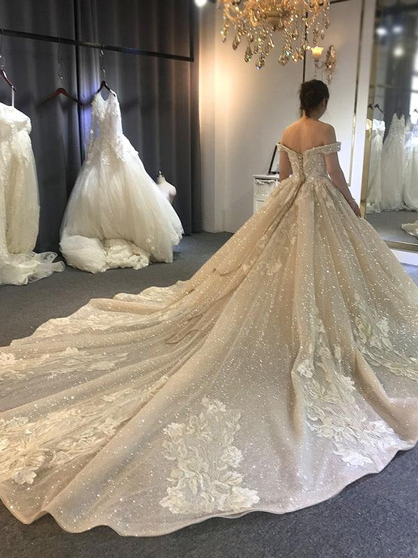Luxury Beading Off-the-Shoulder With Train Ball Gown Wedding Dresses