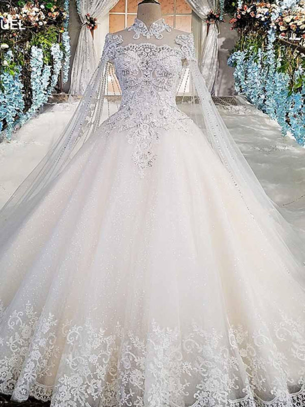 Luxury High Neck Lace Ball Gown Wedding Dresses