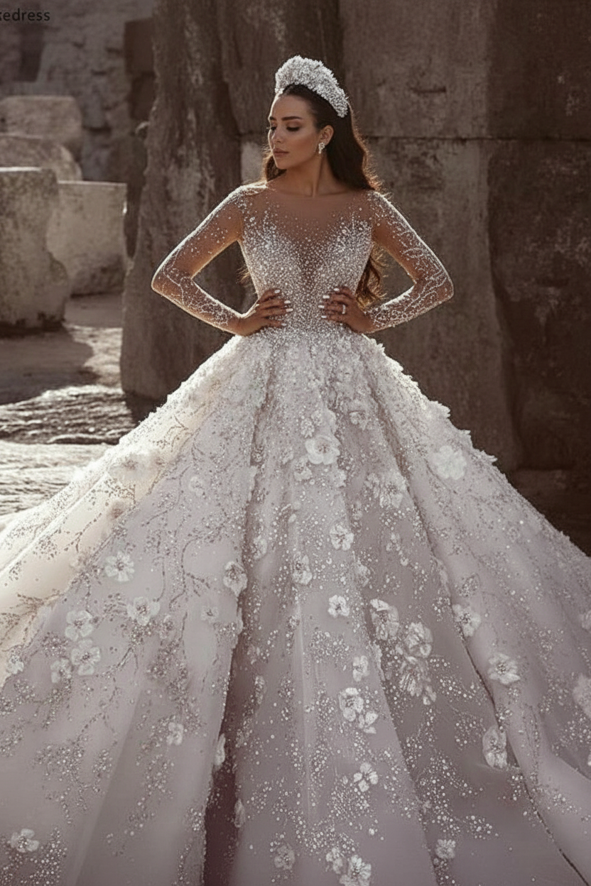 Luxury Long Sleeve V Neck Royal Ball Gown Wedding Dresses