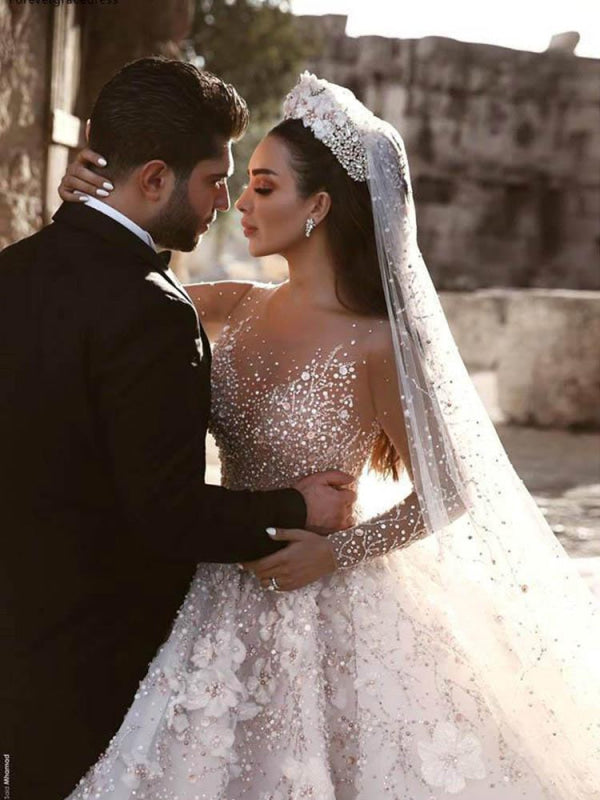 Luxury Long Sleeve V Neck Royal Ball Gown Wedding Dresses