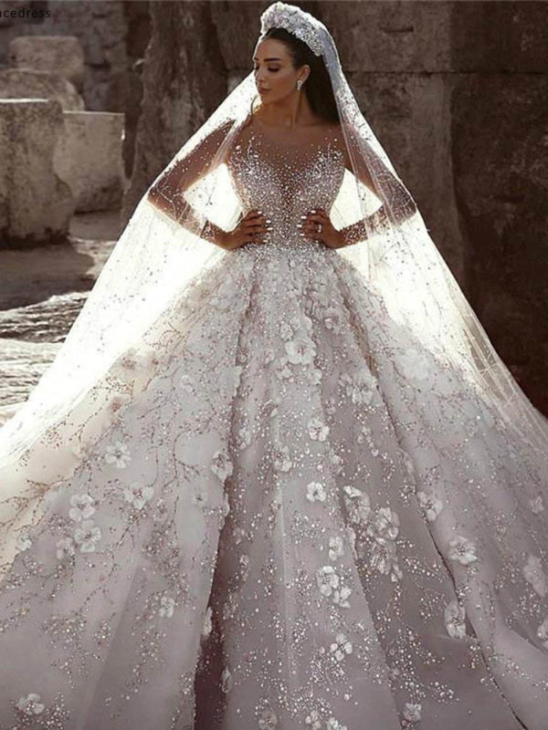 Luxury Long Sleeve V Neck Royal Ball Gown Wedding Dresses