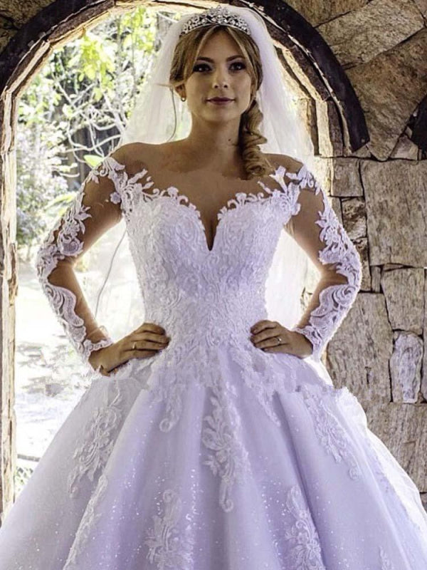Luxury Long Sleeves Lace Ball Gown Wedding Dresses