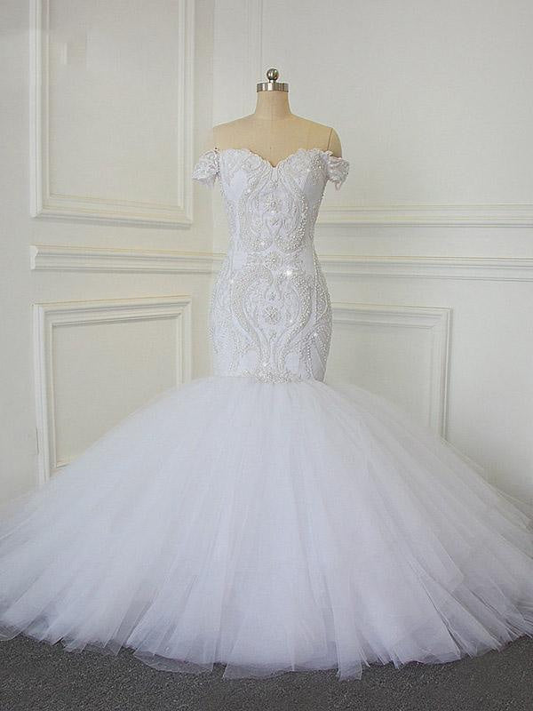 Luxury Off-the -Shoulder Crytstal Tull Mermaid Wedding Dresses