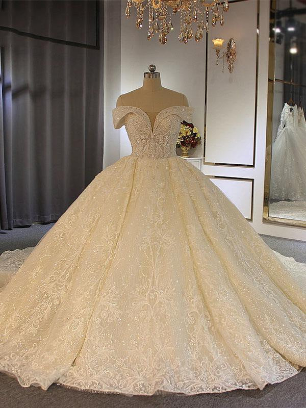 Luxury Off-the-Shoulder Lace-Up Ball Gown Wedding Dresses with Beading