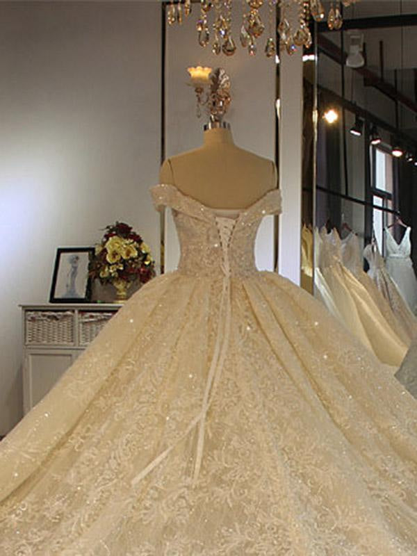 Luxury Off-the-Shoulder Lace-Up Ball Gown Wedding Dresses with Beading