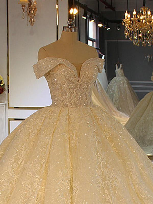 Luxury Off-the-Shoulder Lace-Up Ball Gown Wedding Dresses with Beading