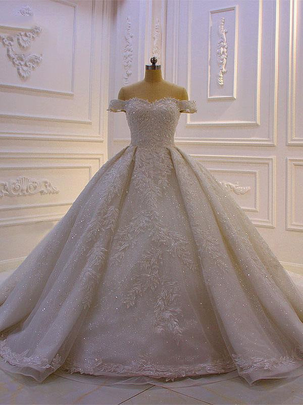 Luxury off-the-Shoulder Lace-Up Ball Gown Wedding Dresses with Train