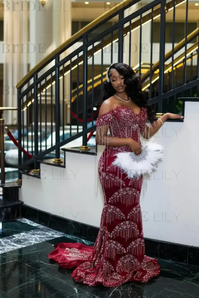 Luxury Off-the-Shoulder Sequins Prom Dres Mermaid Bedings Evening Gown with Tassels