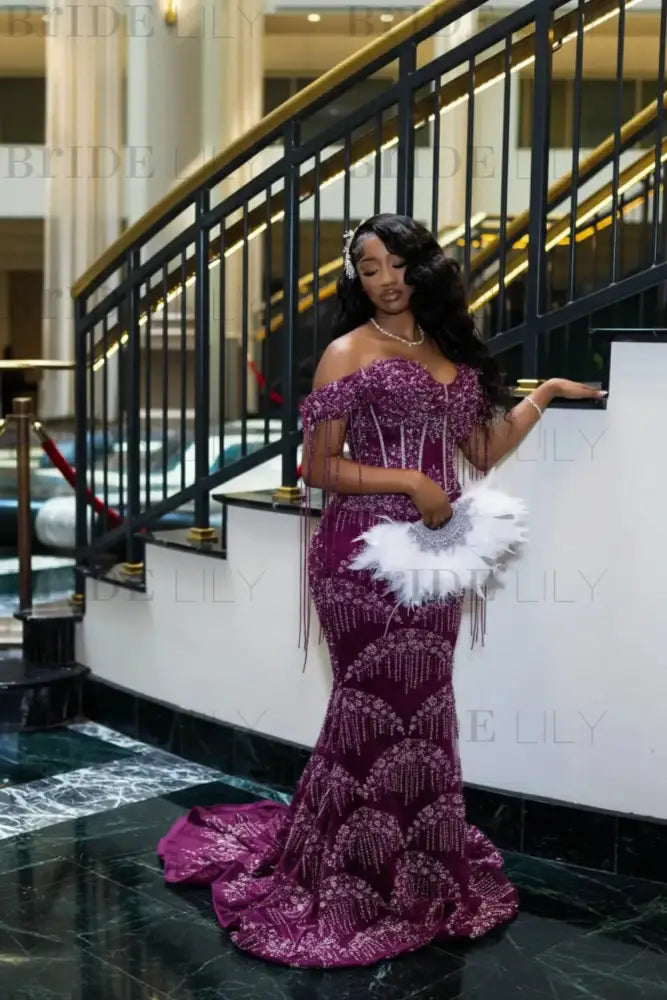 Luxury Off-the-Shoulder Sequins Prom Dres Mermaid Bedings Evening Gown with Tassels