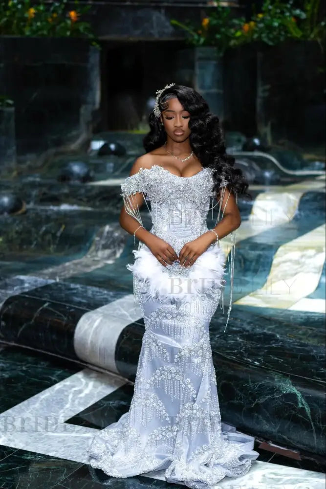 Luxury Off-the-Shoulder Sequins Prom Dres Mermaid Bedings Evening Gown with Tassels