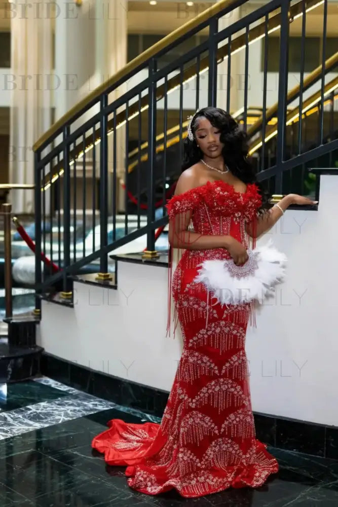 Luxury Off-the-Shoulder Sequins Prom Dres Mermaid Bedings Evening Gown with Tassels