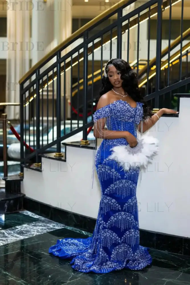 Luxury Off-the-Shoulder Sequins Prom Dres Mermaid Bedings Evening Gown with Tassels