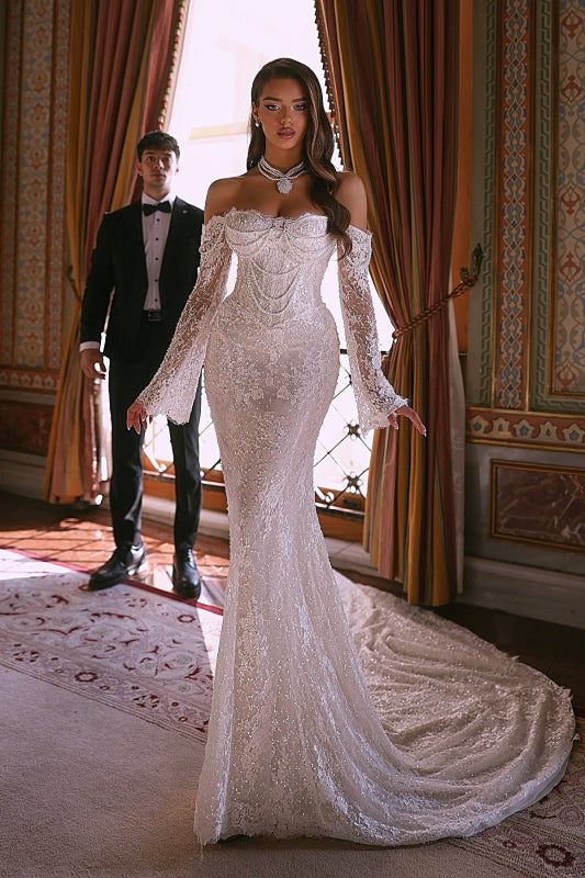 Luxury Off-the-Shoulder Sweetheart Mermaid Wedding Dress with Sleeves