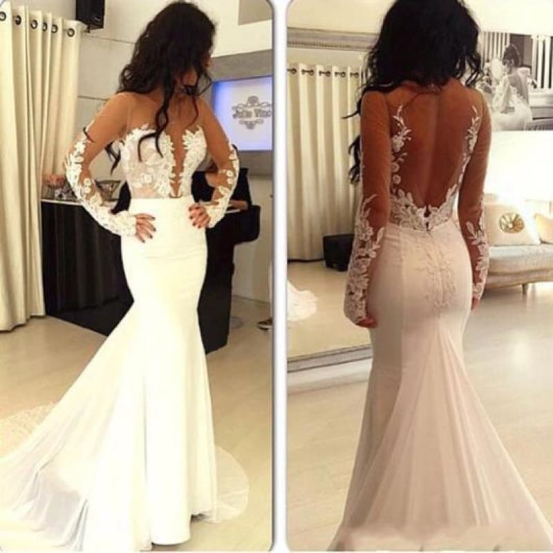 Exquisite Mermaid Wedding Dresses Open Back Long Sleeve Bridal Dress