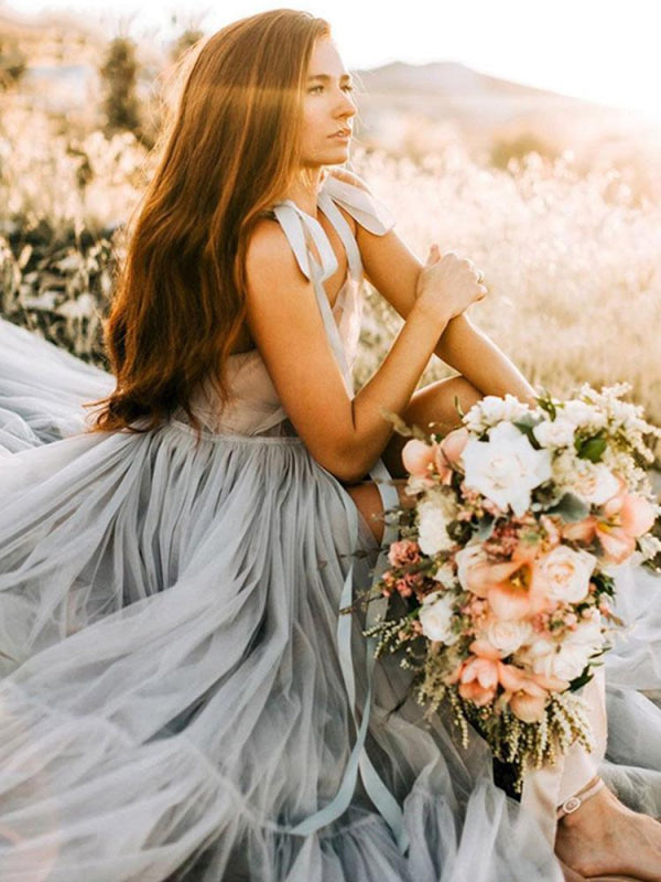 Maternity Wedding Dress Light Grey V-Neck Sleeveless Tulle Long Bridge Gowns With Train