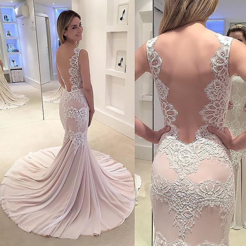 Mermaid Appliqued Sleeveless Gown Chiffon Sexy Backless Wedding Dress