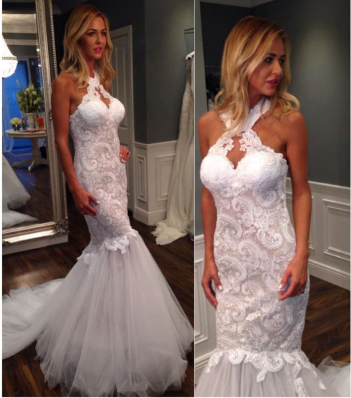 Mermaid Halter Sleeveless Tulle with Lace Appliques Long Wedding Dress
