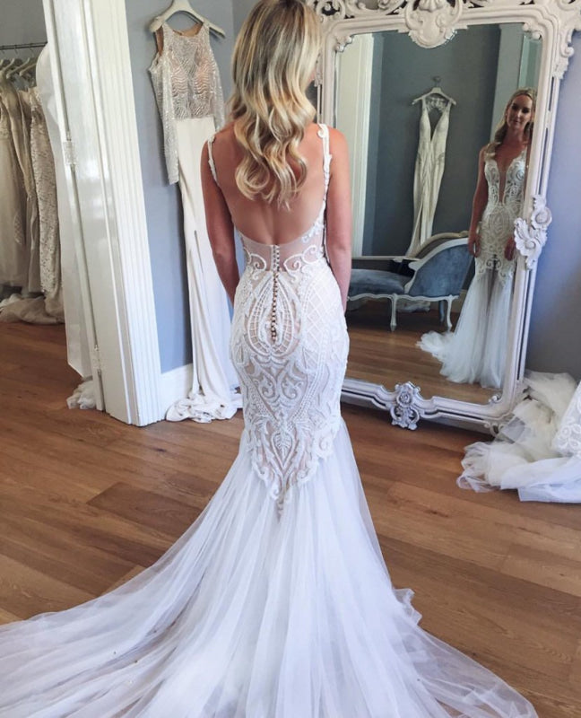 Mermaid Lace Deep V-neck Tulle Beach Wedding Dress