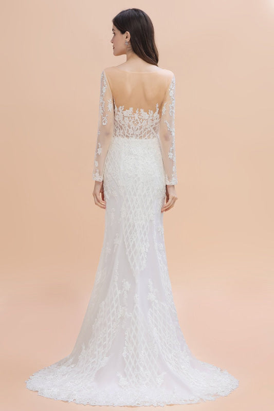 Mermaid Lace Long Sleeve Sheer Tulle Wedding Dresses With Detachable Train