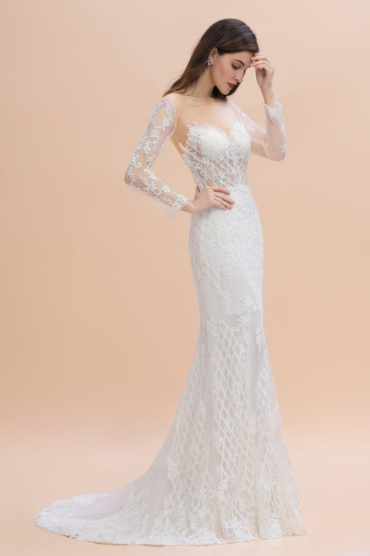 Mermaid Lace Long Sleeve Sheer Tulle Wedding Dresses With Detachable Train