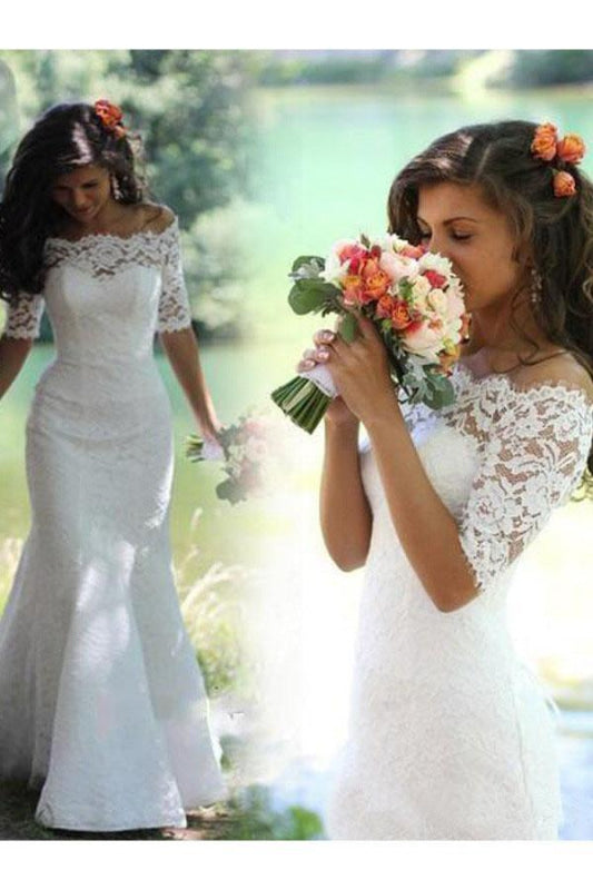 Mermaid Off-the-Shoulder Wedding Dress Half Sleeves Lace Vintage Trumpet Bridal Gown