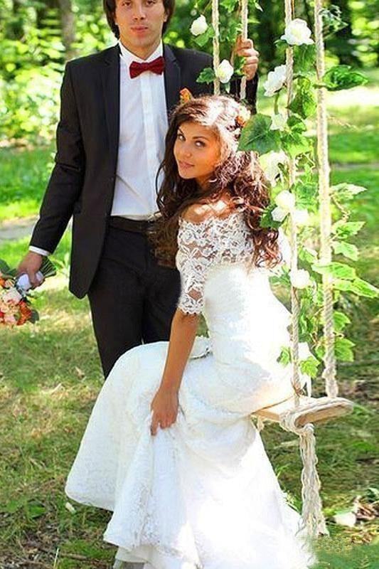 Mermaid Off-the-Shoulder Wedding Dress Half Sleeves Lace Vintage Trumpet Bridal Gown