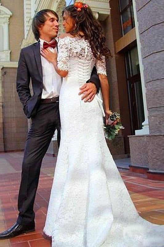 Mermaid Off-the-Shoulder Wedding Dress Half Sleeves Lace Vintage Trumpet Bridal Gown