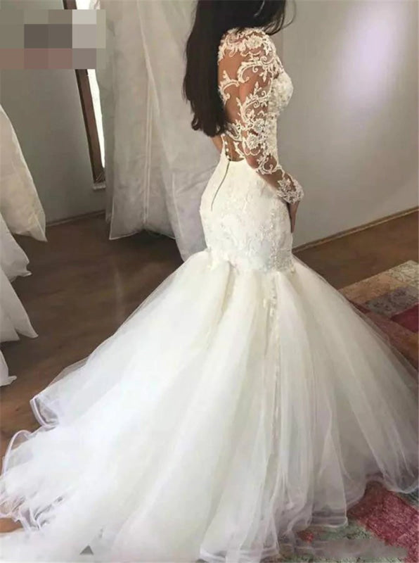 Mermaid Sleeves V Neck Long Lace Appliques Wedding Dress