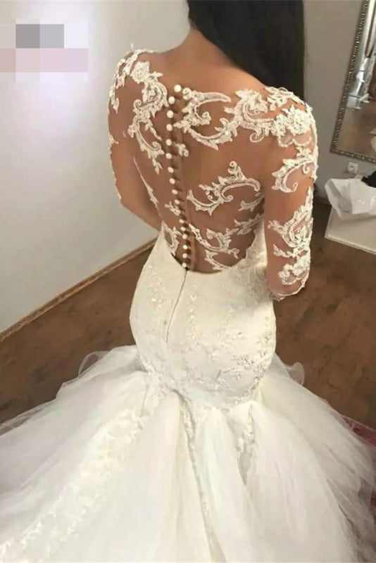 Mermaid Sleeves V Neck Long Lace Appliques Wedding Dress