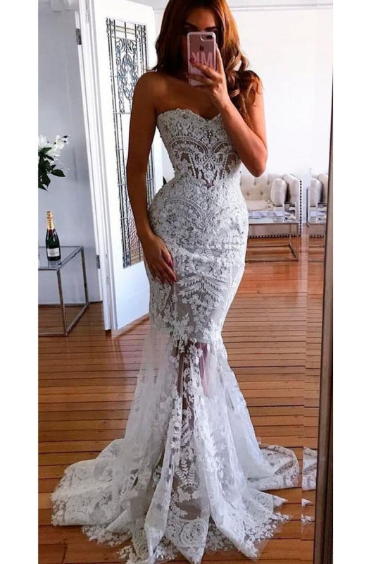 Sexy Sweetheart Long Lace Appliques Mermaid Wedding Dress