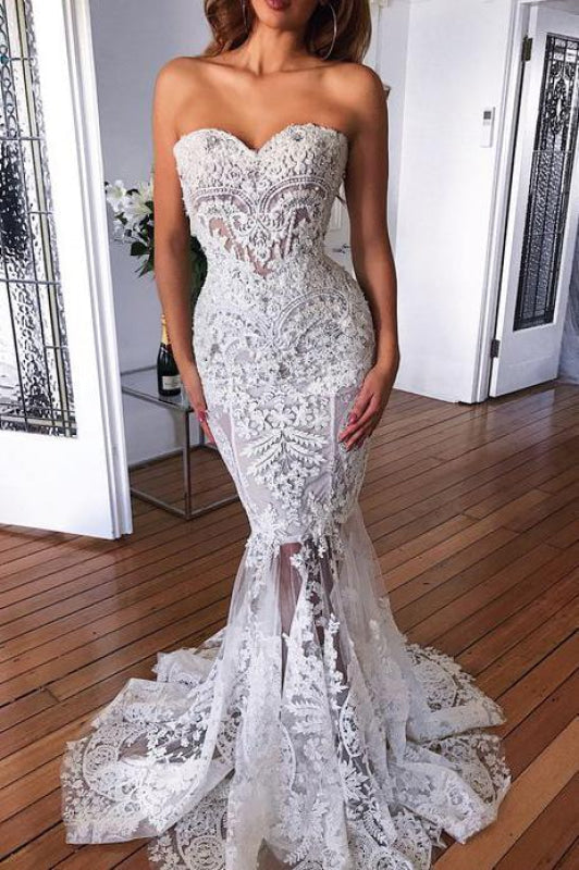 Sexy Sweetheart Long Lace Appliques Mermaid Wedding Dress