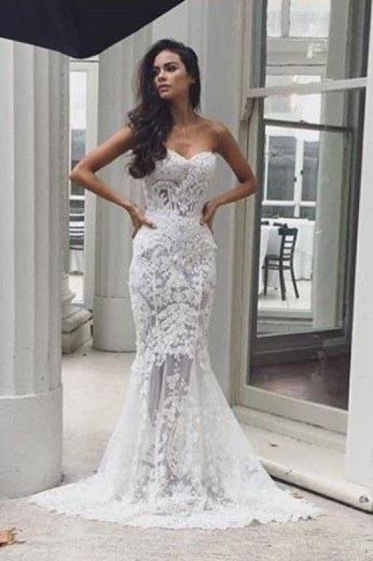 Mermaid Sweetheart Long Lace Strapless Sweep Train Wedding Dress