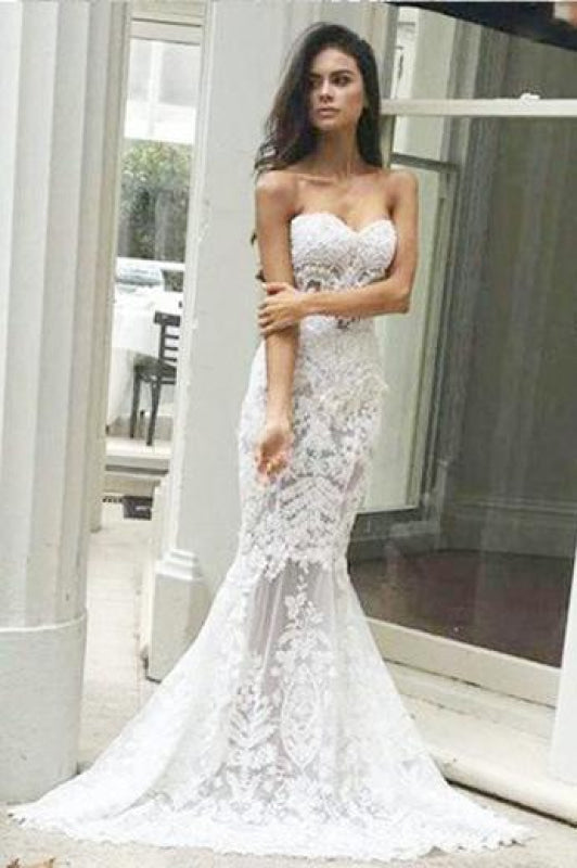 Mermaid Sweetheart Long Lace Strapless Sweep Train Wedding Dress