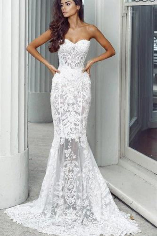 Mermaid Sweetheart Long Lace Strapless Sweep Train Wedding Dress