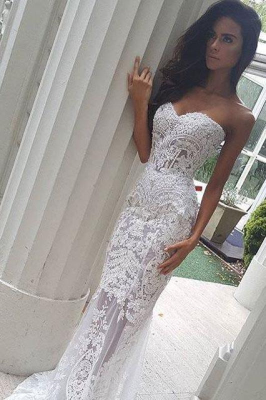 Mermaid Sweetheart Long Lace Strapless Sweep Train Wedding Dress