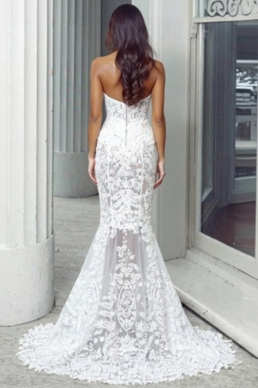 Mermaid Sweetheart Long Lace Strapless Sweep Train Wedding Dress