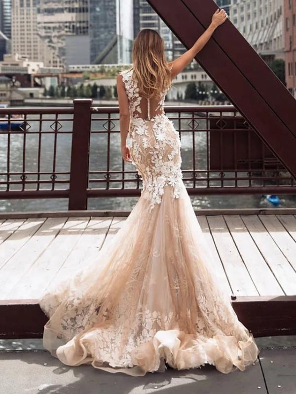 Mermaid \ Trumpet Jewel Neck Chapel Train Lace Tulle Regular Straps Illusion Detail Backless Wedding Dresses