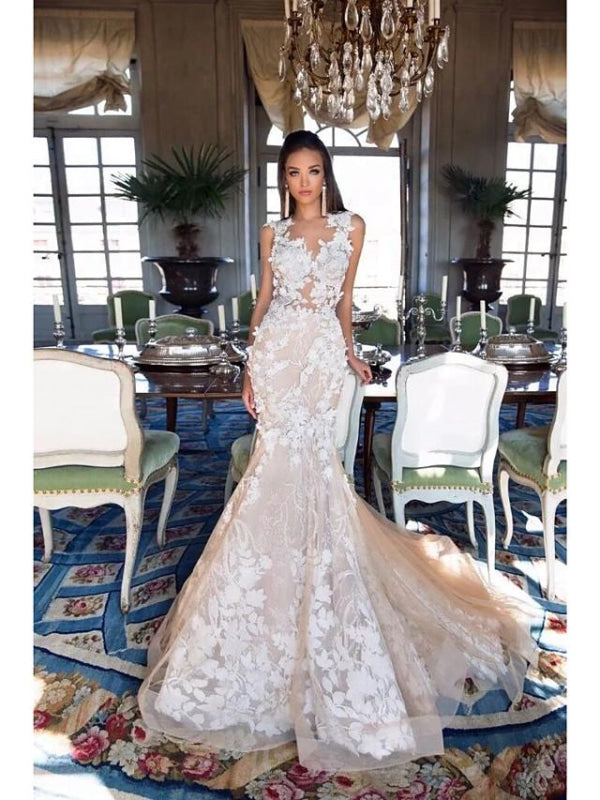 Mermaid \ Trumpet Jewel Neck Chapel Train Lace Tulle Regular Straps Illusion Detail Backless Wedding Dresses