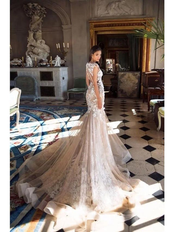 Mermaid \ Trumpet Jewel Neck Chapel Train Lace Tulle Regular Straps Illusion Detail Backless Wedding Dresses