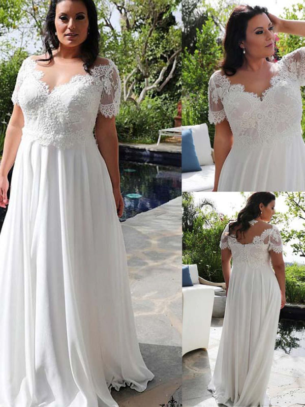 Modest Half-Sleeves V-Neck Lace Ruffles Wedding Dresses