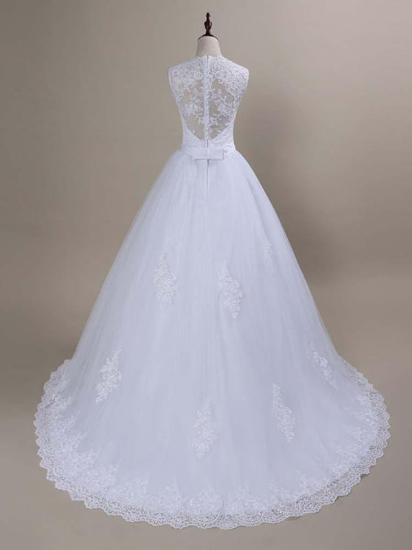 Modest Lace Covered Button Ball Gown Wedding Dresses