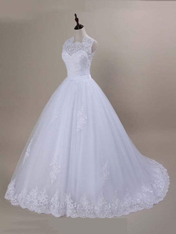 Modest Lace Covered Button Ball Gown Wedding Dresses