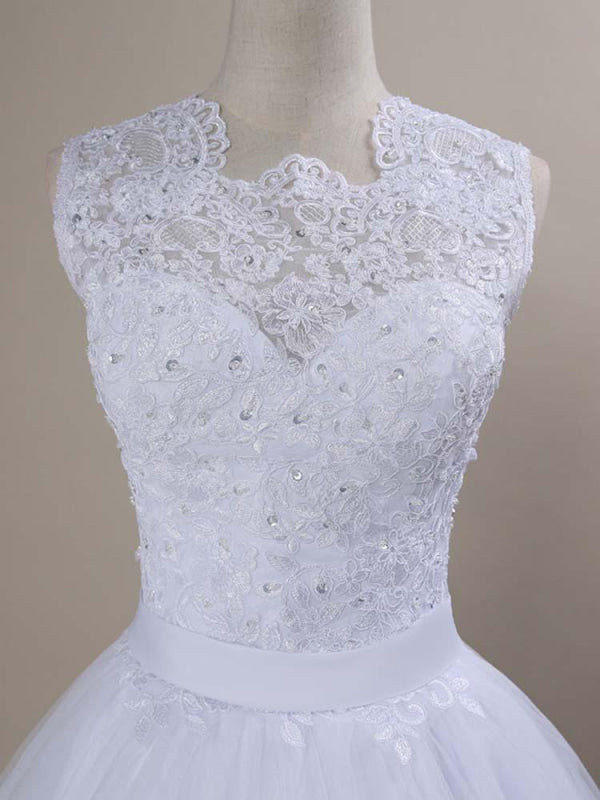 Modest Lace Covered Button Ball Gown Wedding Dresses