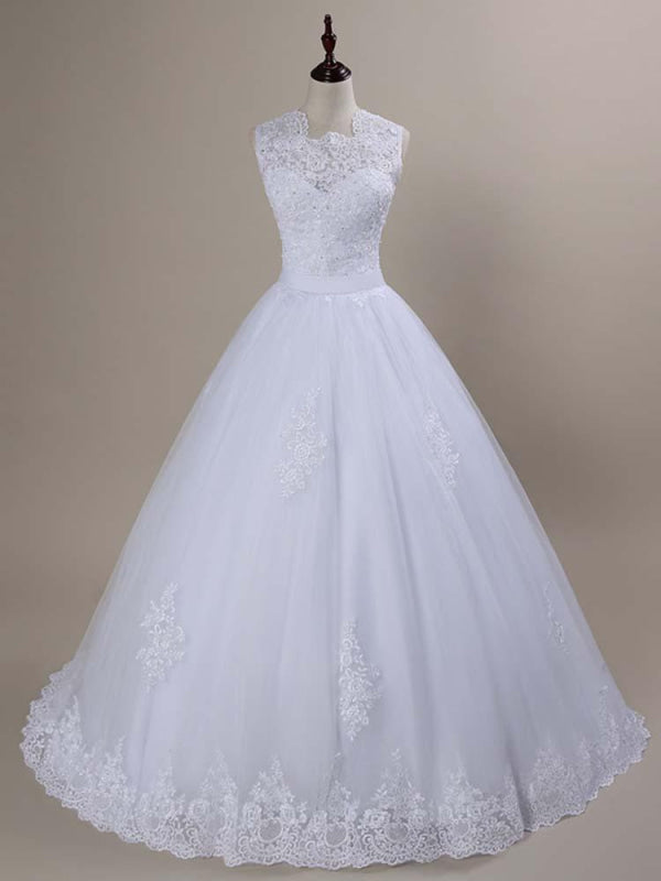 Modest Lace Covered Button Ball Gown Wedding Dresses