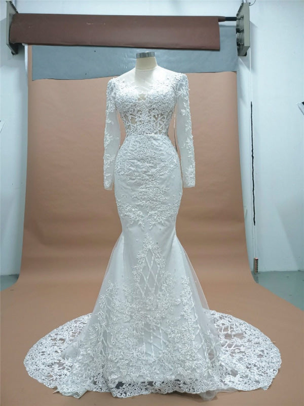 Modest Long Sleeves Lace Appliques Mermaid Wedding Dresses